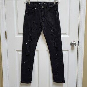 Waimea Jeans Womens 32 Black Stretch Denim Distressed Paint Splatter Skinny Fit